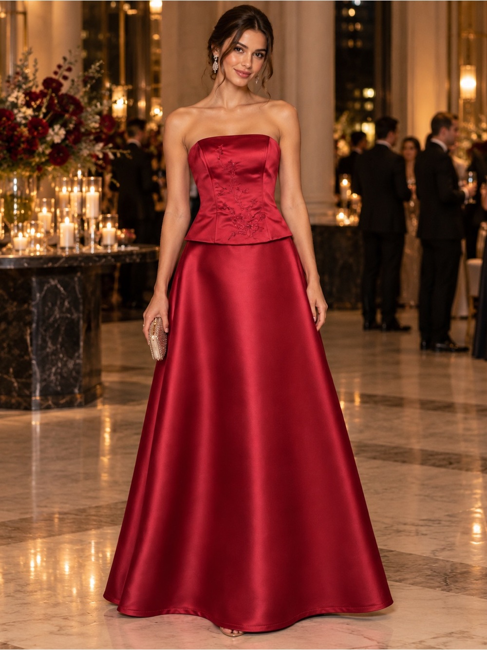 Bella Formal red strapless satin formal gown featuring delicate floral embroider